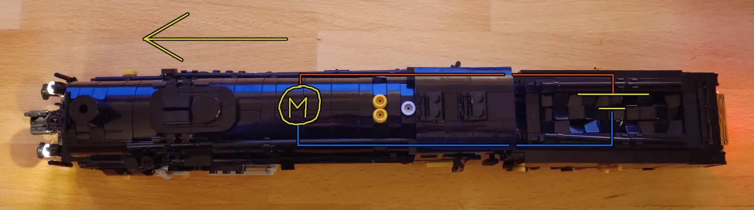 Schematics of a tender engine where the tender and the engine face in the same direction